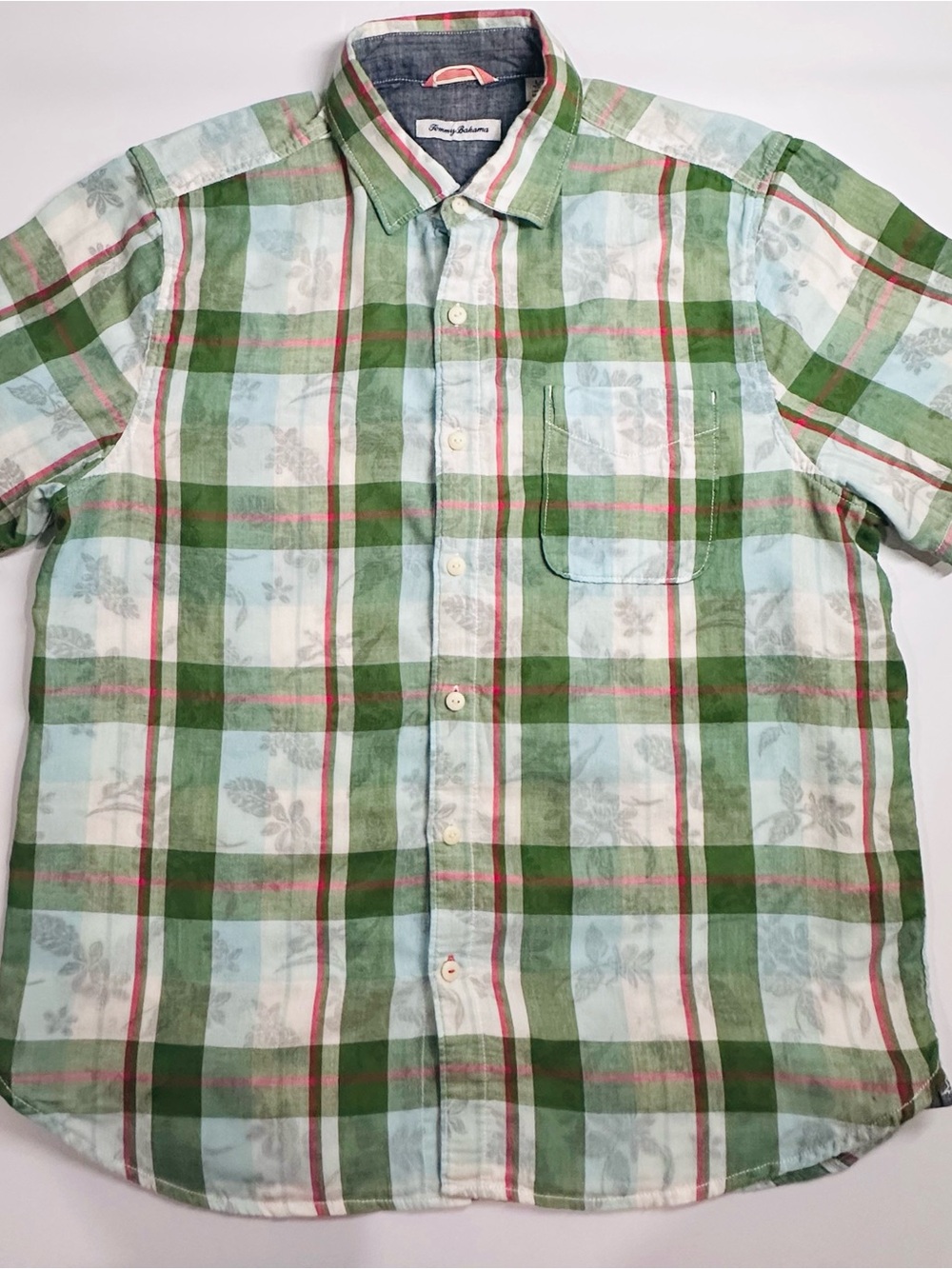 Tommy Bahama Plaid Floral Short Sleeve Button Up Shirt Mens Size L